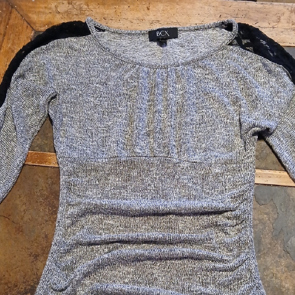 BCX Gray Sweater with Black Lace Accents